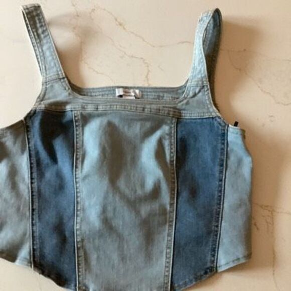 Forever 21 Two Tone Denim Bustier Crop Top Sz L - Picture 1 of 6